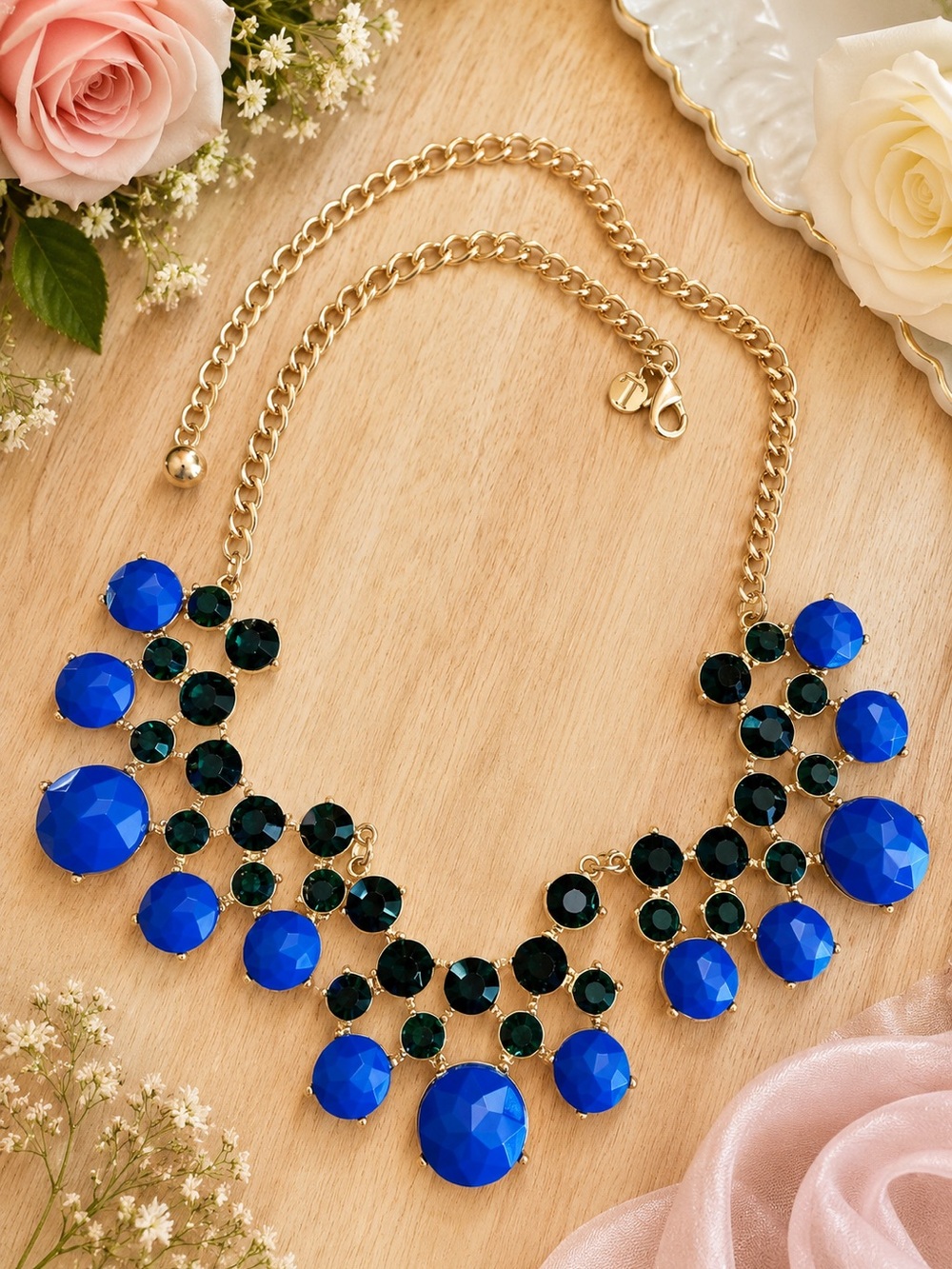 Talbots Gold Chain Statement Necklace with Royal Blue and Emerald Stones Signed